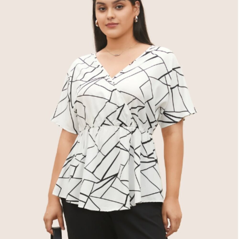 BloomChic Plus Size XL Geometric Overlap Collar Ruffle Sleeve Blouse us14-16